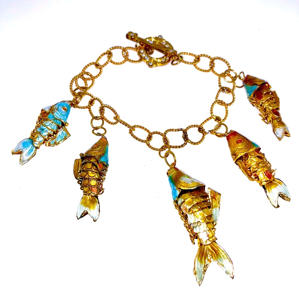 Gold chain bracelet with 5 gold and blue articulated various size cloisonné koi